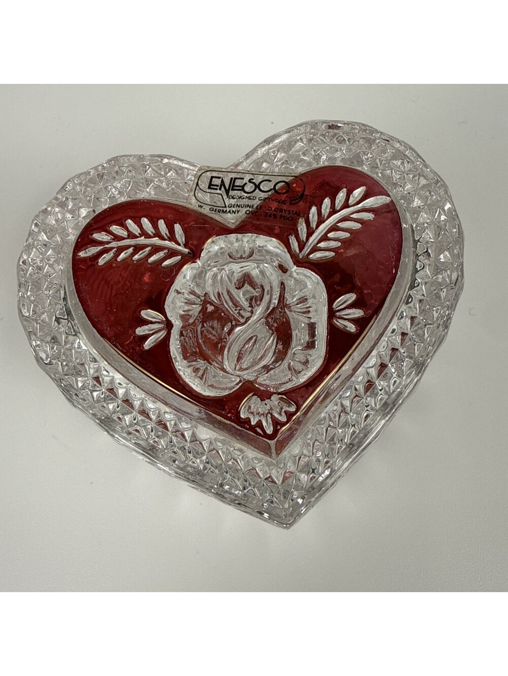 Enesco Heart‑Shaped Crystal Trinket Box – Red Rose Design – Made in Germany